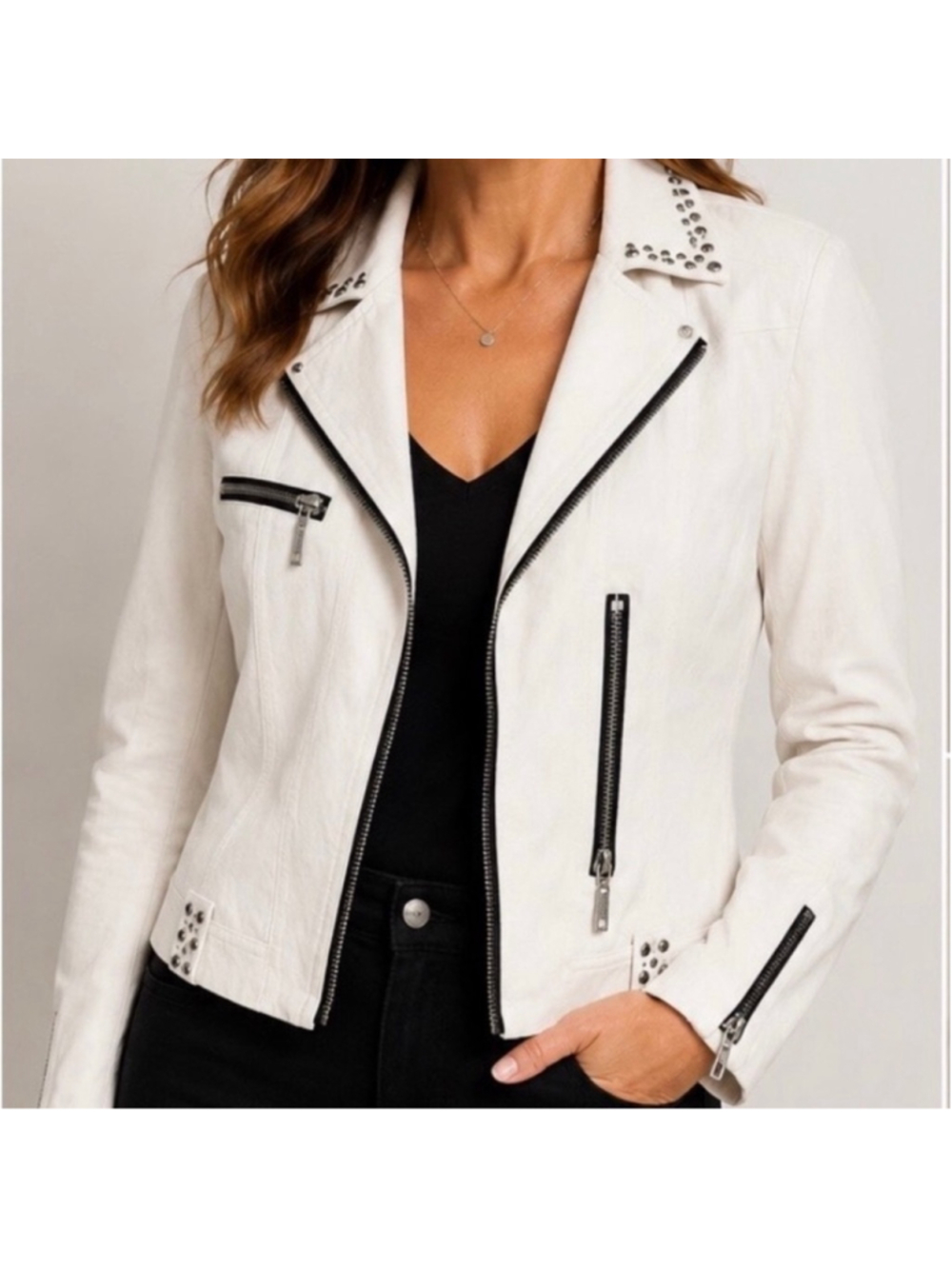Joseph Ribkoff White Studded Moto Jacket Asymmetric faux Zip Blazer